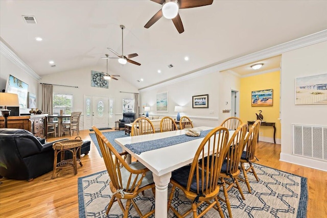 1604 Jungle Rd, Edisto Island, SC 29438 - dining area featuring a ceiling fan, light wood-style flooring, ornamental molding, vaulted ceiling, and recessed lighting
