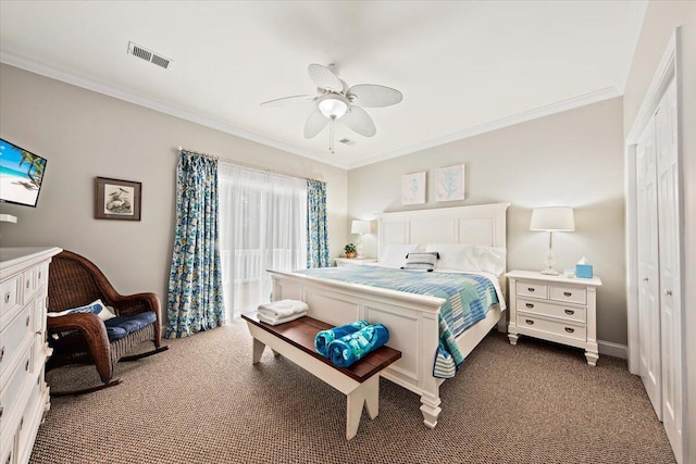 1604 Jungle Rd, Edisto Island, SC 29438 - bedroom with dark colored carpet, crown molding, and ceiling fan
