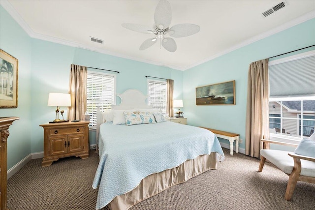 1604 Jungle Rd, Edisto Island, SC 29438 - bedroom with carpet floors, ornamental molding, and ceiling fan