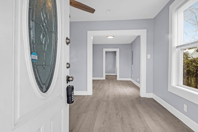 entrance foyer with ceiling fan, light hardwood / wood-style flooring, and a healthy amount of sunlight