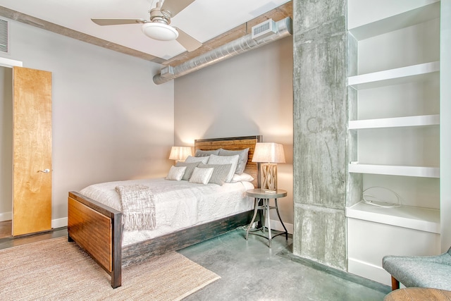 bedroom featuring concrete floors and ceiling fan