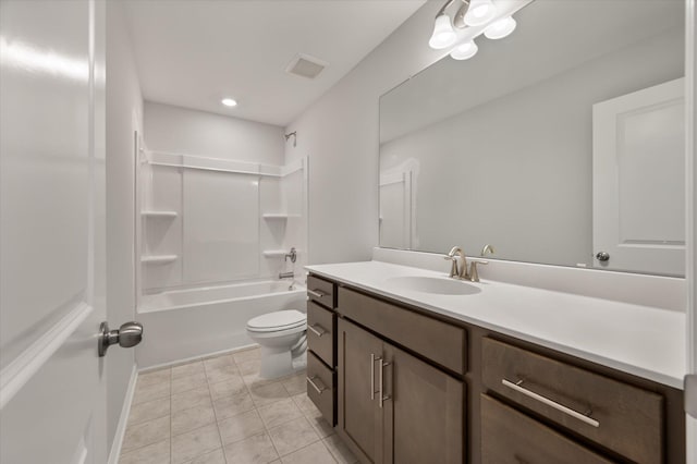 bathroom with tile patterned floors, visible vents, toilet, shower / bathing tub combination, and vanity