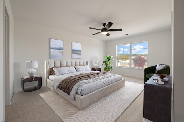 bedroom featuring visible vents, ceiling fan, baseboards, and carpet