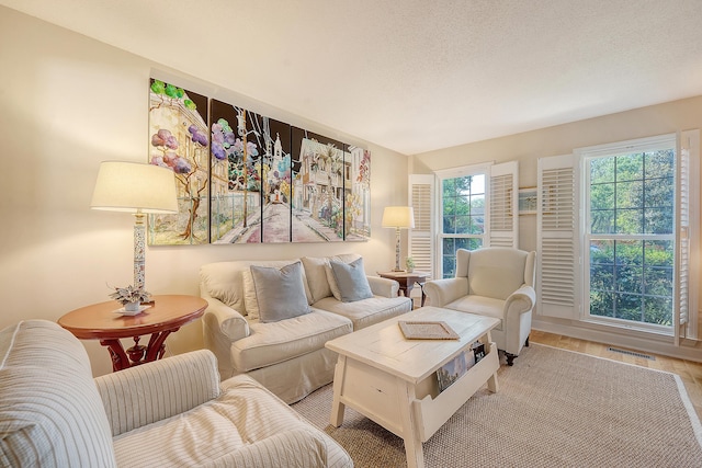 living room featuring light wood finished floors and a textured ceiling