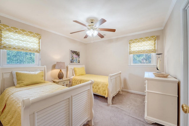bedroom with light carpet, multiple windows, ornamental molding, baseboards, and ceiling fan