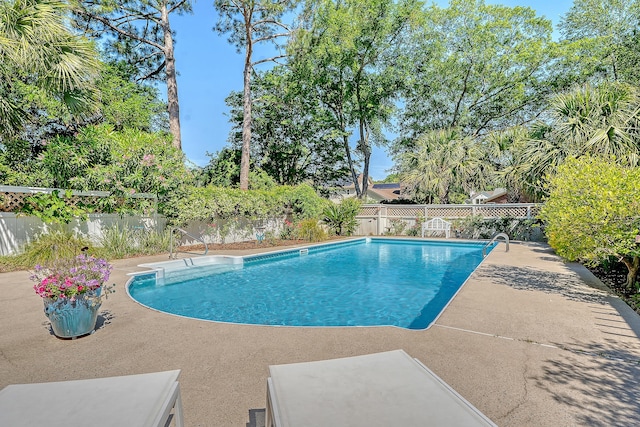 view of swimming pool featuring a fenced backyard and a patio