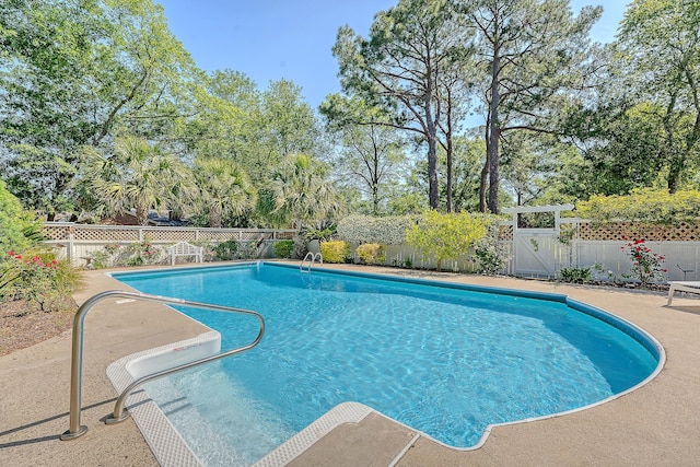 view of pool with a fenced backyard, a patio, and view of wooded area
