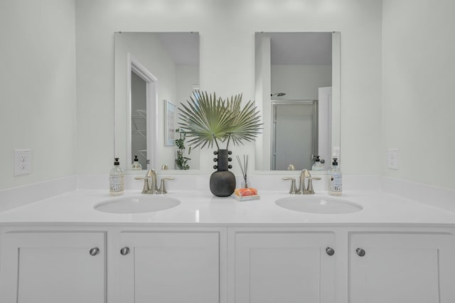 bathroom with vanity and a shower with shower door