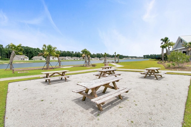 view of community featuring a water view and a lawn