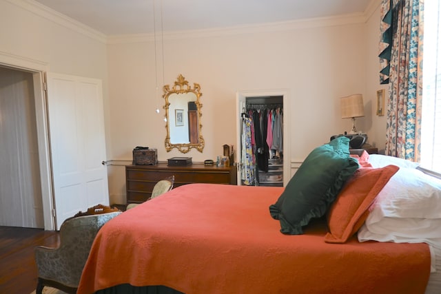 bedroom with a spacious closet, wood finished floors, a closet, and ornamental molding