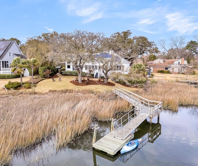 view of dock with a water view and a residential view