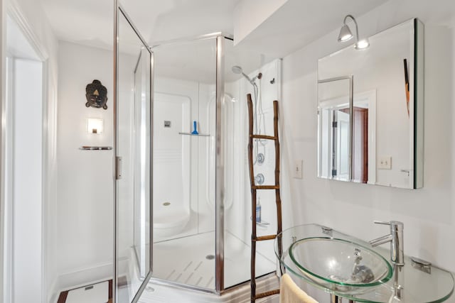 bathroom featuring a shower with shower door