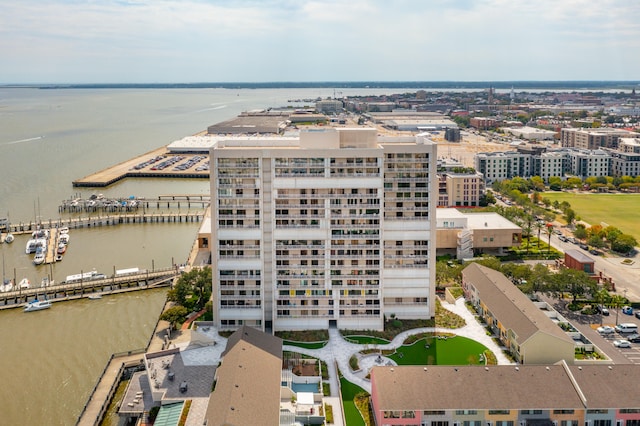 bird's eye view with a water view