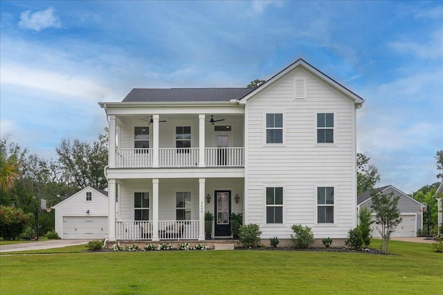 2408 Bent Oak Rd, Mount Pleasant, SC 29466 - view of front of house with a balcony, an outdoor structure, a porch, a front lawn, and a ceiling fan
