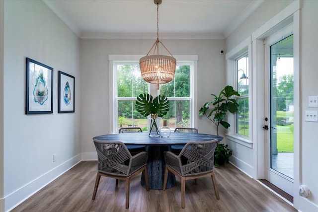2408 Bent Oak Rd, Mount Pleasant, SC 29466 - dining room with a chandelier, wood finished floors, and crown molding