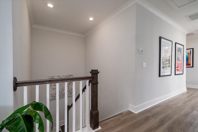 2408 Bent Oak Rd, Mount Pleasant, SC 29466 - stairs with wood finished floors, ornamental molding, and recessed lighting
