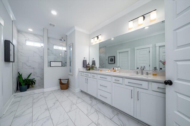 2408 Bent Oak Rd, Mount Pleasant, SC 29466 - full bathroom with marble look tiles, double vanity, a marble finish shower, recessed lighting, and ornamental molding