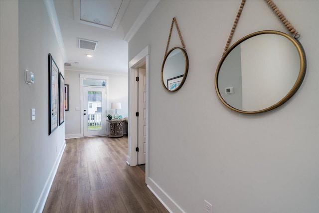 2408 Bent Oak Rd, Mount Pleasant, SC 29466 - corridor with dark wood finished floors and crown molding