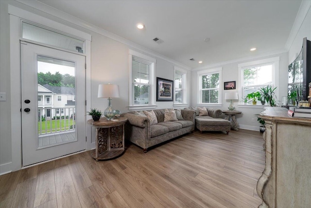 2408 Bent Oak Rd, Mount Pleasant, SC 29466 - living room featuring crown molding, light wood-type flooring, and recessed lighting