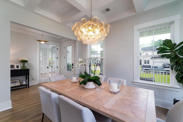 2408 Bent Oak Rd, Mount Pleasant, SC 29466 - dining area with coffered ceiling, plenty of natural light, a chandelier, dark wood-style flooring, and beam ceiling