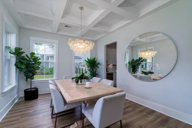 2408 Bent Oak Rd, Mount Pleasant, SC 29466 - dining space with a chandelier, beam ceiling, coffered ceiling, and dark wood-type flooring