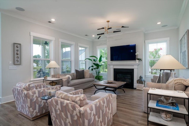 2408 Bent Oak Rd, Mount Pleasant, SC 29466 - living area with healthy amount of natural light, wood finished floors, a glass covered fireplace, crown molding, and recessed lighting