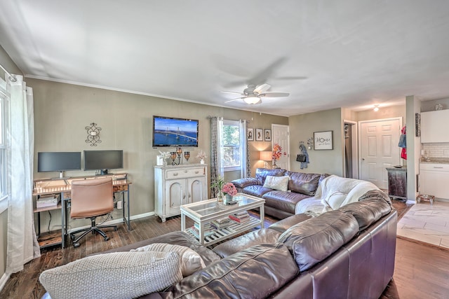 1839 Manigault Pl, Charleston, SC 29407 - living room featuring ceiling fan, a desk, wood finished floors, and crown molding