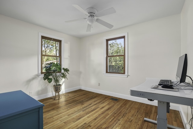 office space featuring hardwood / wood-style flooring and ceiling fan