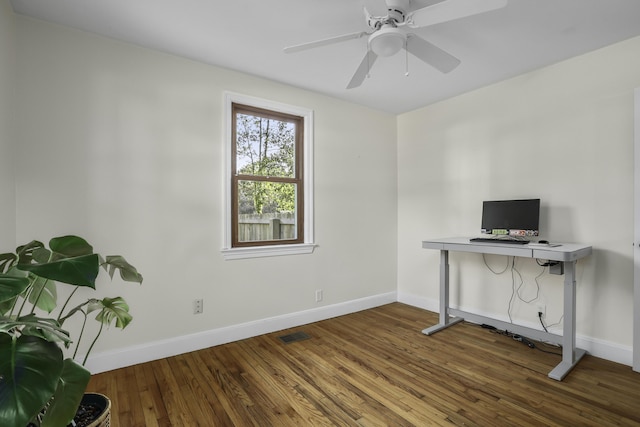 unfurnished office featuring dark wood-type flooring and ceiling fan