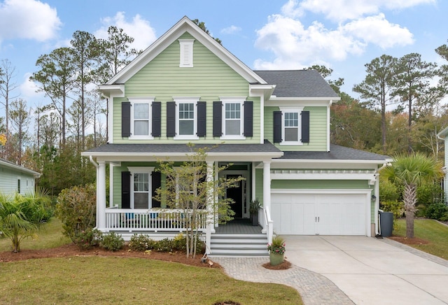 view of front of house with a front lawn, a porch, and a garage