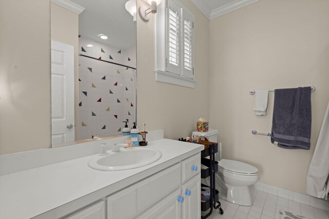 full bath with tile patterned floors, crown molding, a tile shower, toilet, and vanity