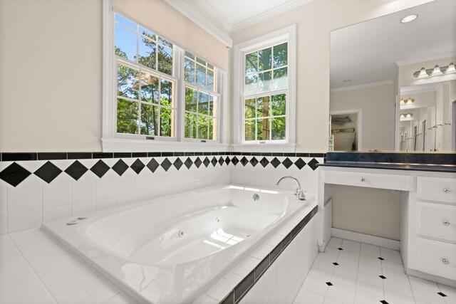 full bathroom featuring crown molding, a tub with jets, tile patterned floors, and vanity