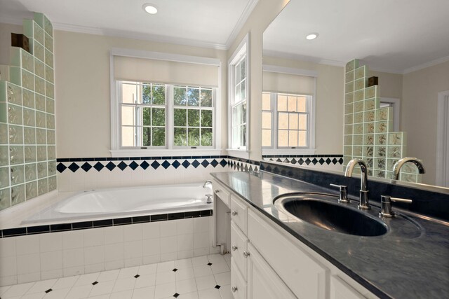 full bath with tile patterned flooring, a garden tub, ornamental molding, double vanity, and recessed lighting