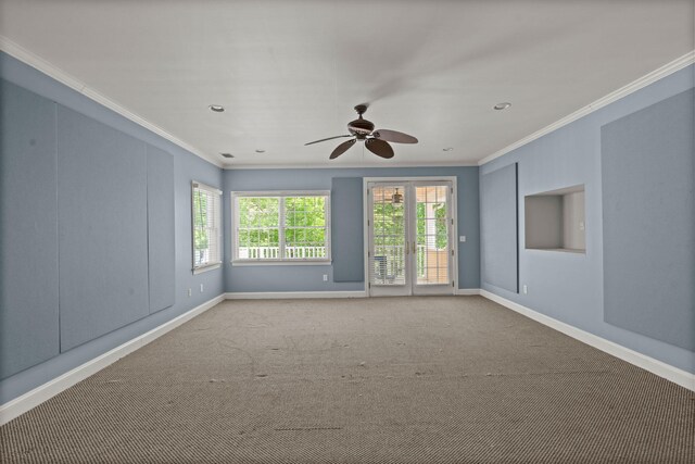 unfurnished room with ornamental molding, baseboards, carpet flooring, ceiling fan, and recessed lighting