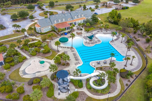 aerial view of a pool