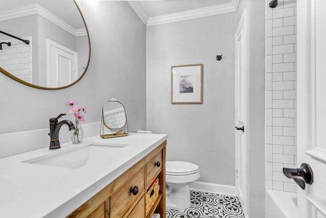 bathroom featuring baseboards, toilet, shower / tub combination, ornamental molding, and tile patterned floors