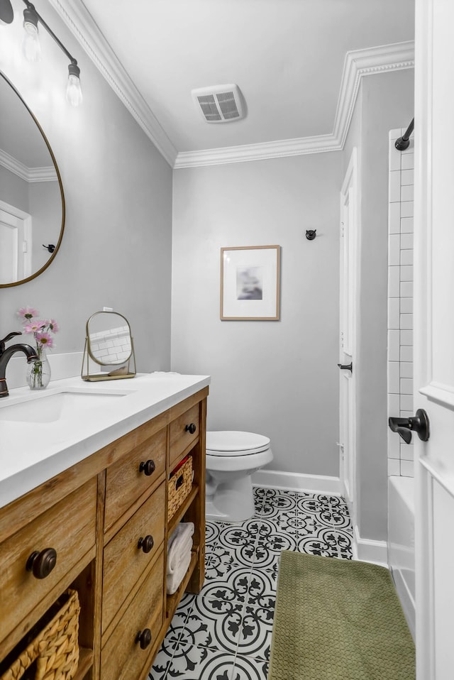 full bath with toilet, visible vents, crown molding, and vanity