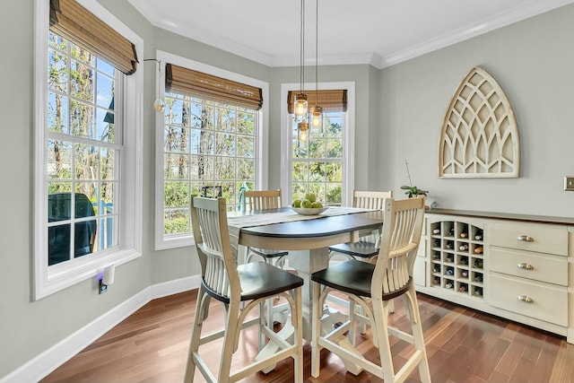 dining room featuring hardwood / wood-style floors and crown molding