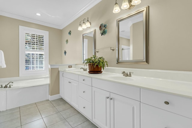 bathroom featuring tile patterned flooring, a bath, crown molding, and vanity