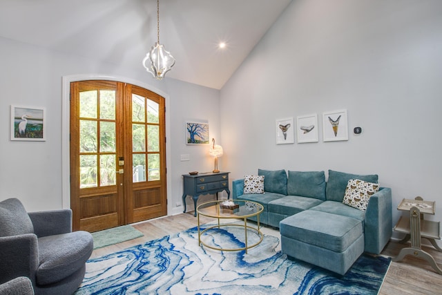 16 Oakwood Ln, Edisto Island, SC 29438 - living area featuring wood finished floors, a chandelier, high vaulted ceiling, and recessed lighting
