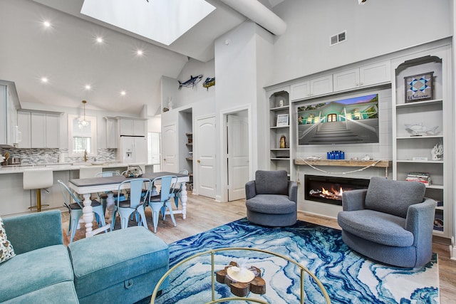 16 Oakwood Ln, Edisto Island, SC 29438 - living area featuring light wood-type flooring, a warm lit fireplace, high vaulted ceiling, and a skylight