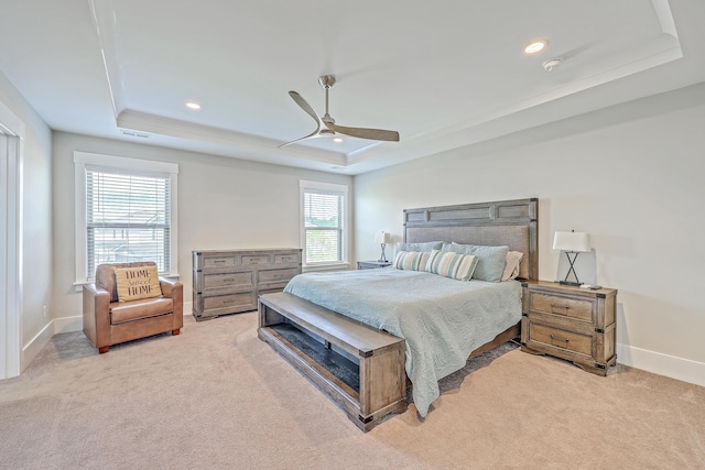 2336 Brinkley Rd, Johns Island, SC 29455 - carpeted bedroom with a raised ceiling, baseboards, recessed lighting, and a ceiling fan