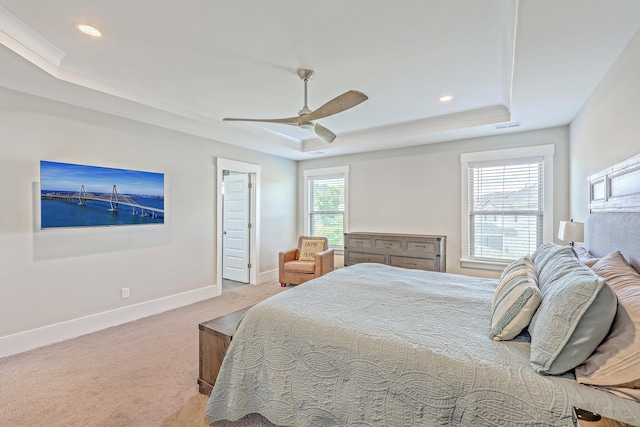 2336 Brinkley Rd, Johns Island, SC 29455 - carpeted bedroom with a tray ceiling, baseboards, recessed lighting, and a ceiling fan