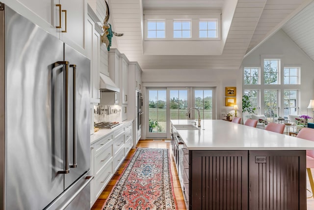 kitchen featuring sink, exhaust hood, an island with sink, and appliances with stainless steel finishes