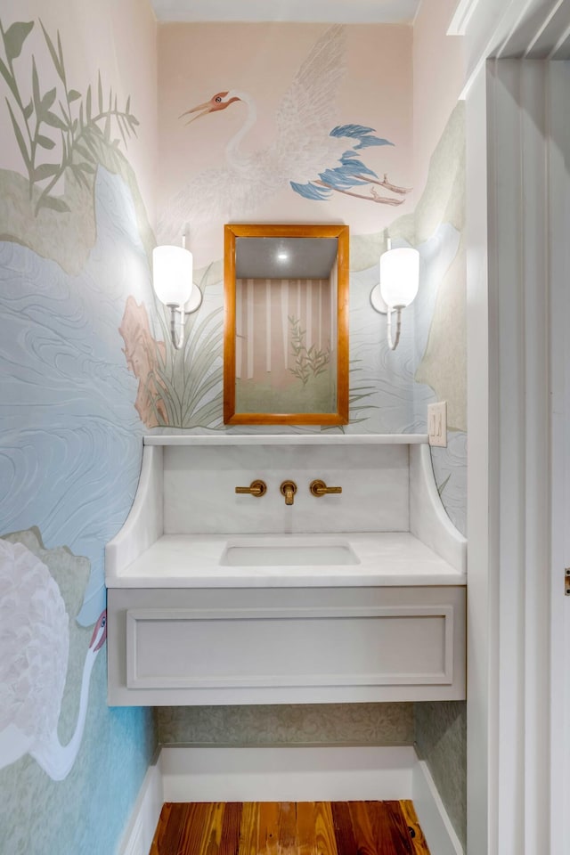 bathroom with vanity and wood-type flooring