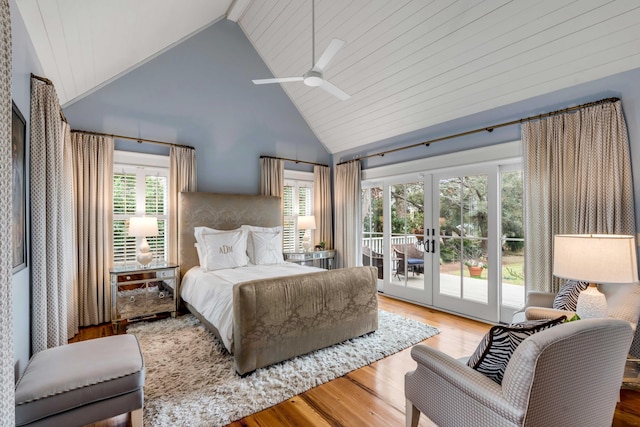 bedroom with french doors, wood-type flooring, access to exterior, and multiple windows