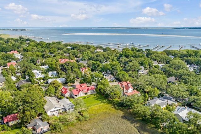 drone / aerial view featuring a water view