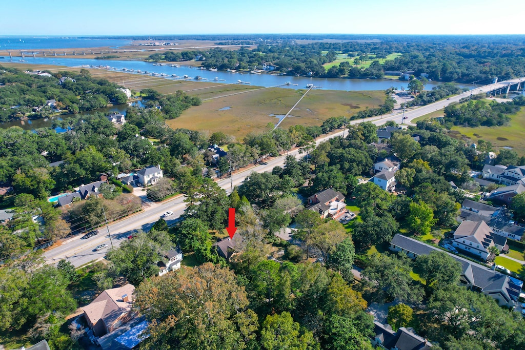 aerial view featuring a water view