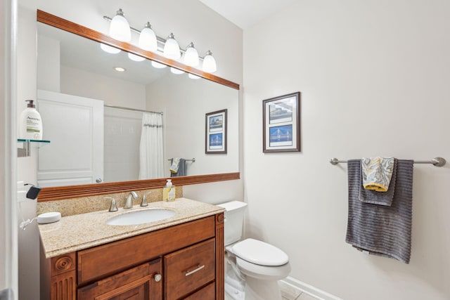 bathroom with vanity, toilet, a shower with curtain, and tile patterned flooring