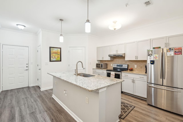 kitchen featuring appliances with stainless steel finishes, sink, a center island with sink, and white cabinets